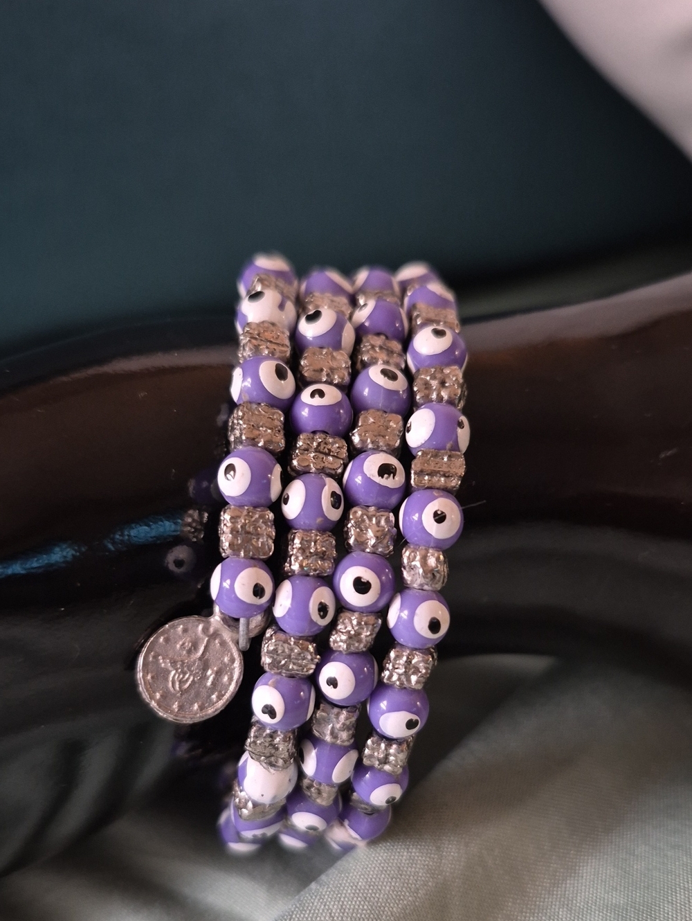 Purple Beaded evil eye wrap around Coil Charm Bracelet